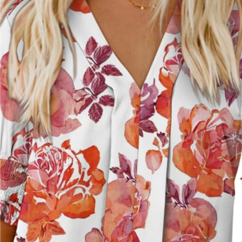 Floral V-Neck Blouse - White and Orange